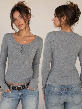 Mossimo Supply Co. Gray Marled Henley Long Sleeve Top Women's Large | Soft Y2K C